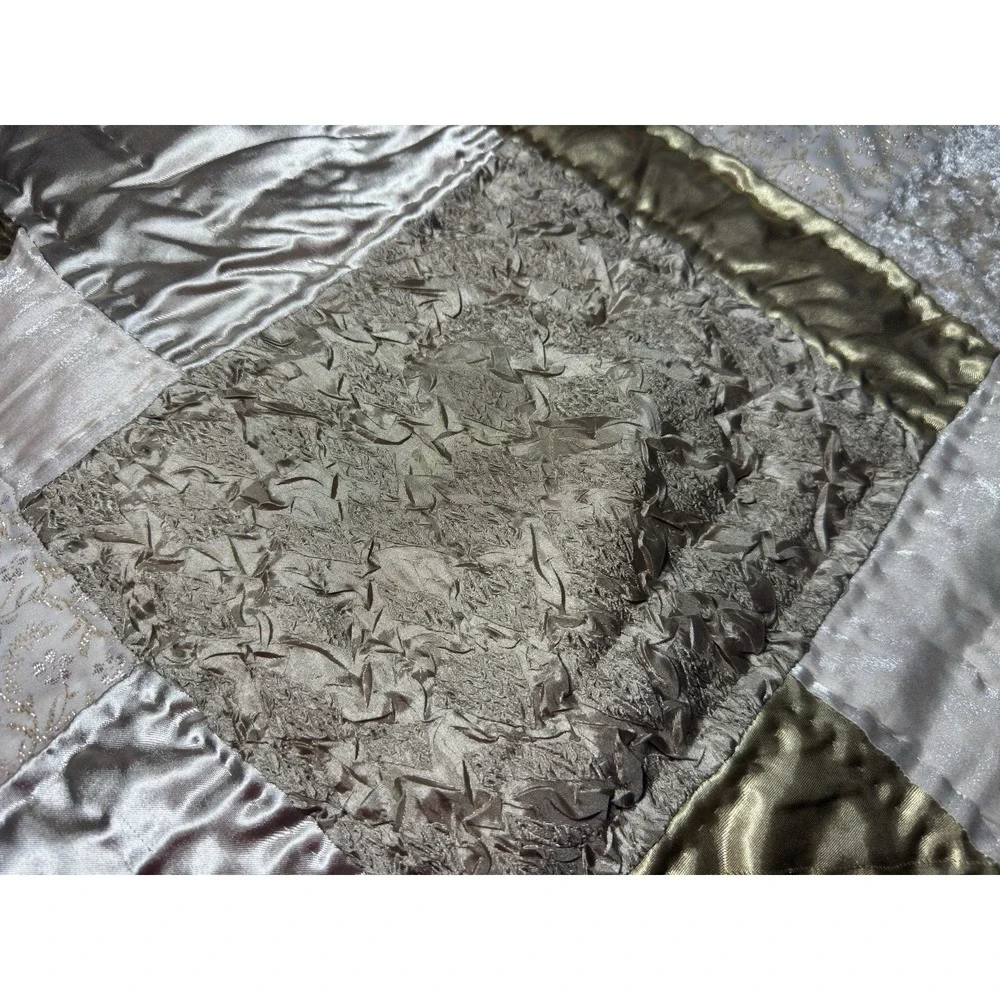 Vtg Patchwork Throw Blanket Metallic Sateen‎ Quilted Velvet Floral